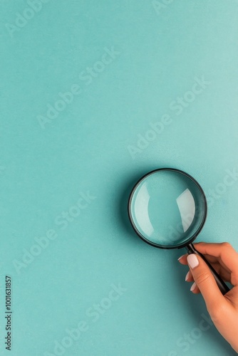 Hand holding a magnifying glass over a turquoise background for detailed exam...