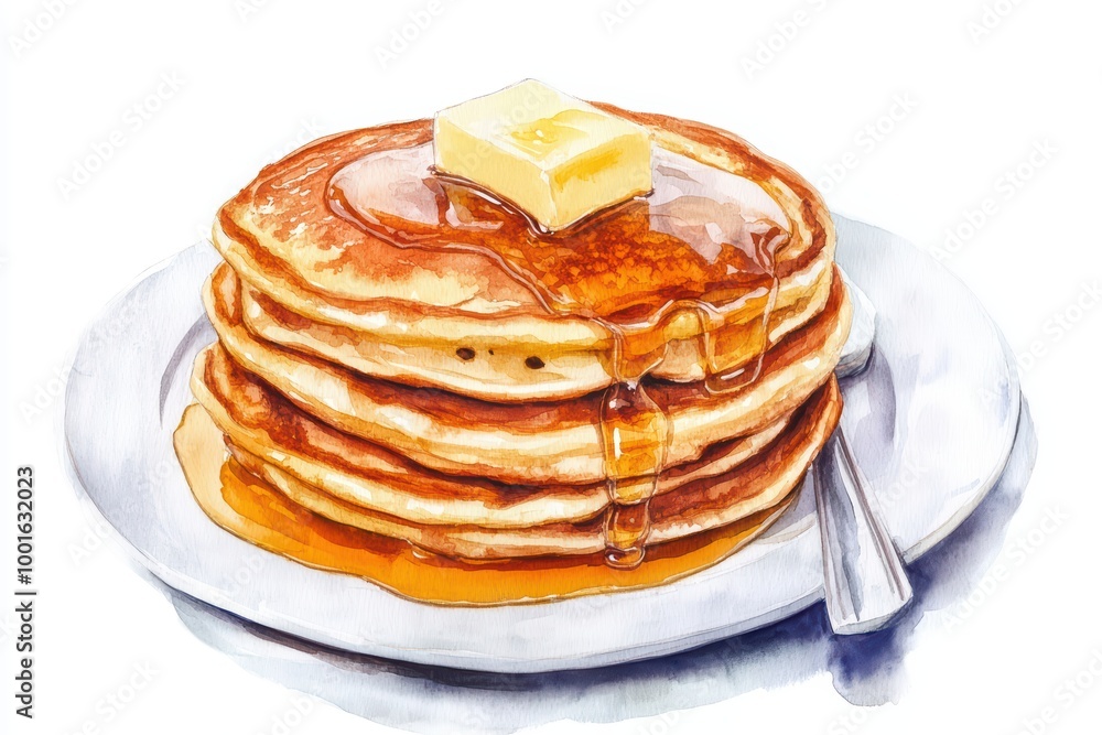 Delicious stack of pancakes drizzled with syrup and topped with butter. Delicious stack of pancakes drizzled with syrup and topped with butter.