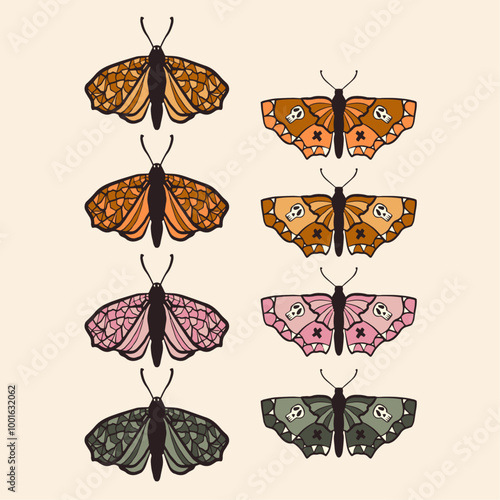 Set of Mystical moth vector illustrations, beautiful moths with skull symbols, cector illustration of flying scary insects, halloween moths and butterflies, abstract insects boho collection