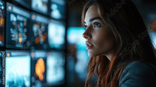 A woman presents cyber security strategies to a remote team via video call, with bright screens illuminating her enthusiastic expression and engagement with the team.