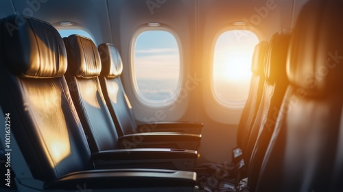 Empty airplane seats by the window with stunning sunset over the clouds in th...