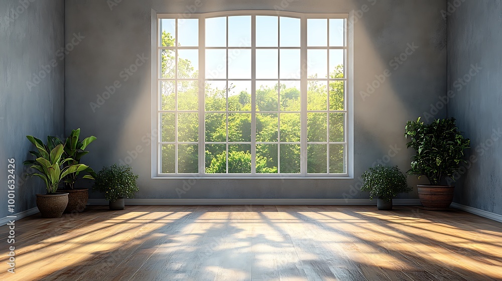Fototapeta premium Empty room with large window and sunlight streaming in, plants, hardwood floor