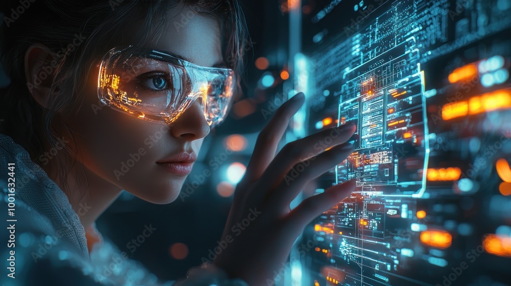 A global maintenance expert conducts real-time diagnostics using a holographic control panel in an industrial setting. A global maintenance expert conducts real-time diagnostics using a holographic control panel in an industrial setting.