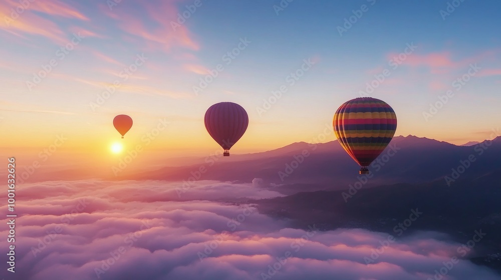 Colorful hot air balloons soaring above the clouds at sunset in a scenic sky Colorful hot air balloons soaring above the clouds at sunset in a scenic sky