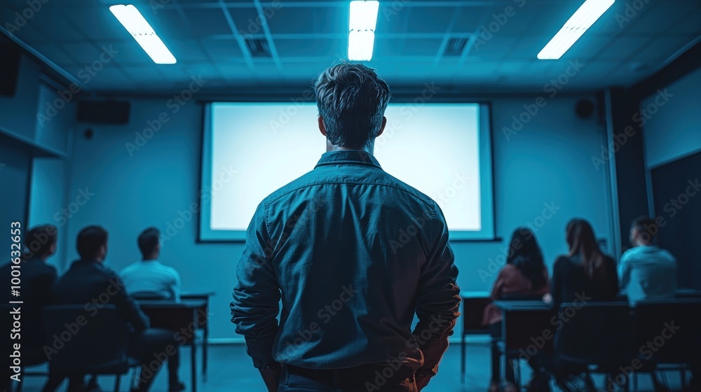 Fototapeta premium A visionary leader presenting a long-term strategy to a diverse team in front of a whiteboard, with bright fluorescent lighting creating a sharp and focused environment.