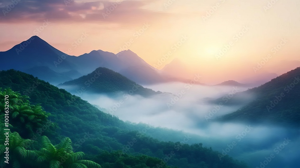 Rolling fog in a lush valley, morning dew effect, 3D illustration Rolling fog in a lush valley, morning dew effect, 3D illustration