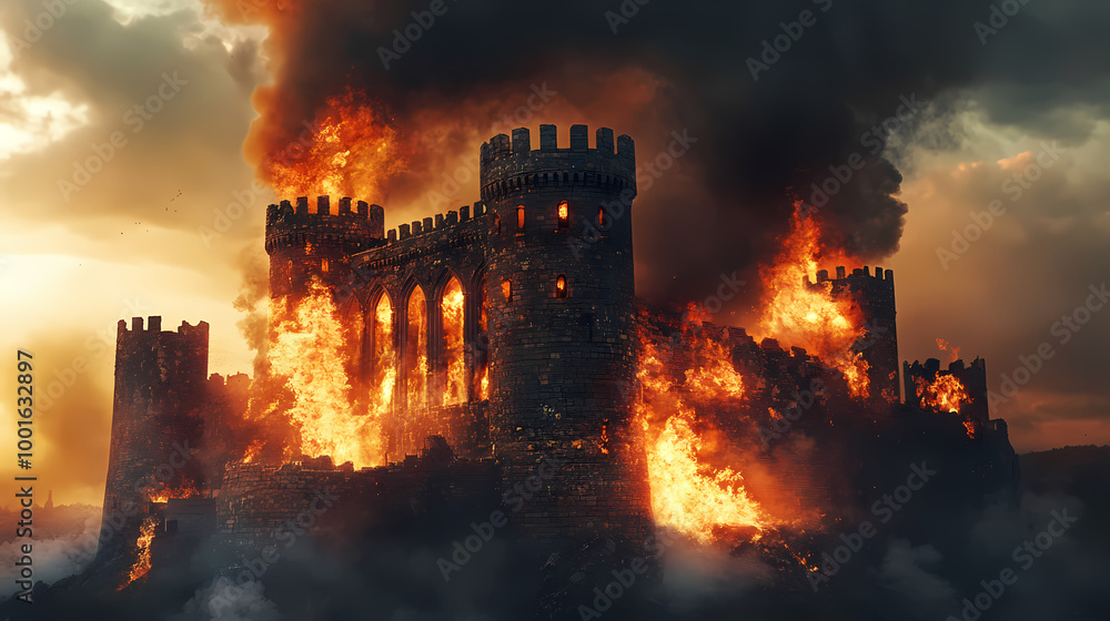 Fototapeta premium Medieval castle engulfed in flames, smoke rising amidst fiery destruction, dramatic historical battle scene under a cloudy sky. Medieval Castle Siege. Illustration