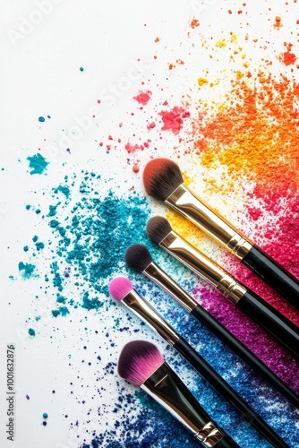 Colorful makeup brushes arranged artistically on a vibrant, splattered backgr...