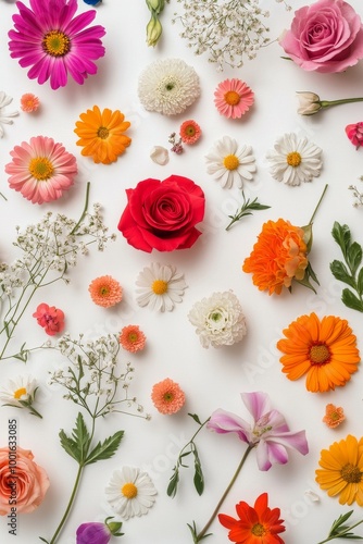 Wallpaper Mural A vibrant arrangement of colorful flowers spread across a white surface in a beautiful display Torontodigital.ca