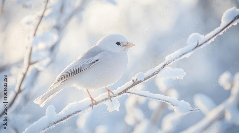 White bird perched on frosty winter branch White bird perched on frosty winter branch