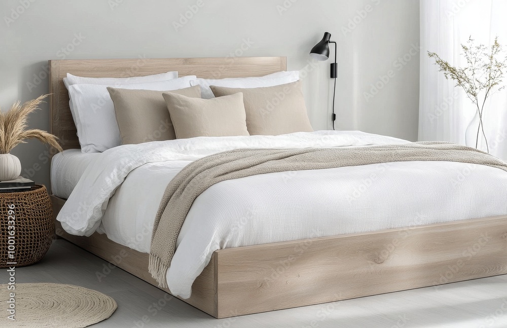Cozy bedroom with a wooden bed, soft linens, and decorative pillows in a bright, modern space Cozy bedroom with a wooden bed, soft linens, and decorative pillows in a bright, modern space
