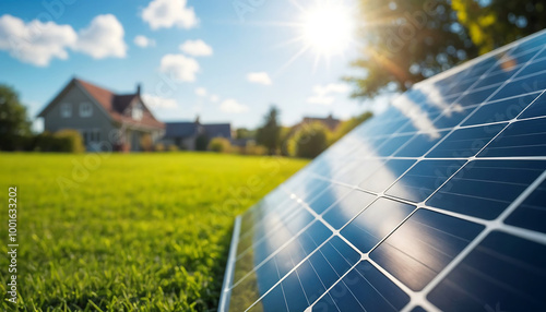 Panneaux solaire photovoltaïque sur fond de nature, énergie verte, autoconsommation et économie d'énergie dans la maison	 photo