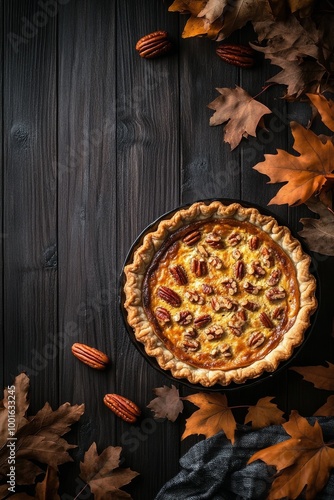 Delicious pecan pie surrounded by autumn leaves and nuts on a rustic wooden t...