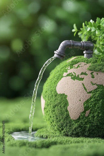 A green planet being nourished by a faucet pouring water on a grassy globe wi...