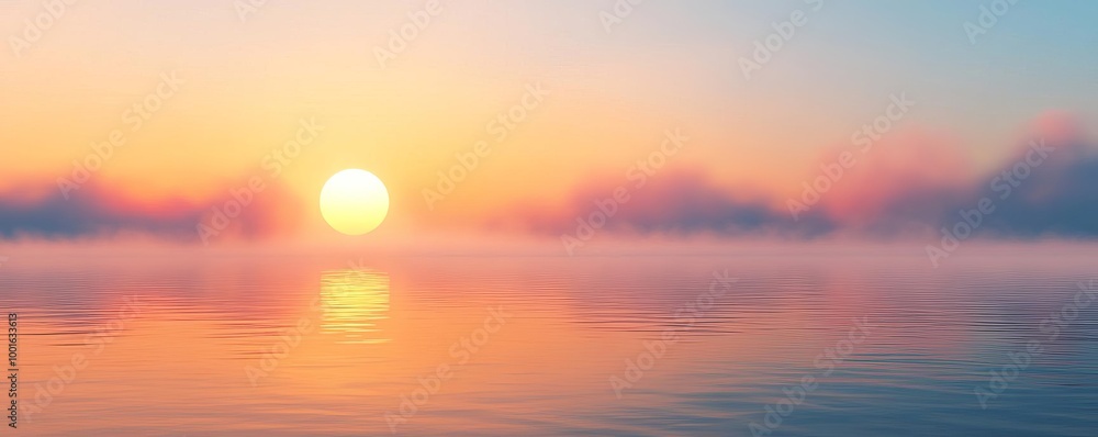 Sunset over foggy bay, drifting mist on the water, 3D illustration Sunset over foggy bay, drifting mist on the water, 3D illustration