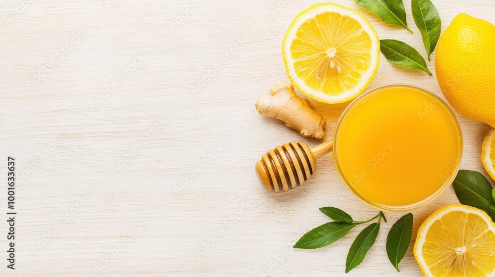 Fresh lemon juice with ginger and honey on a wooden background. Fresh lemon juice with ginger and honey on a wooden background.