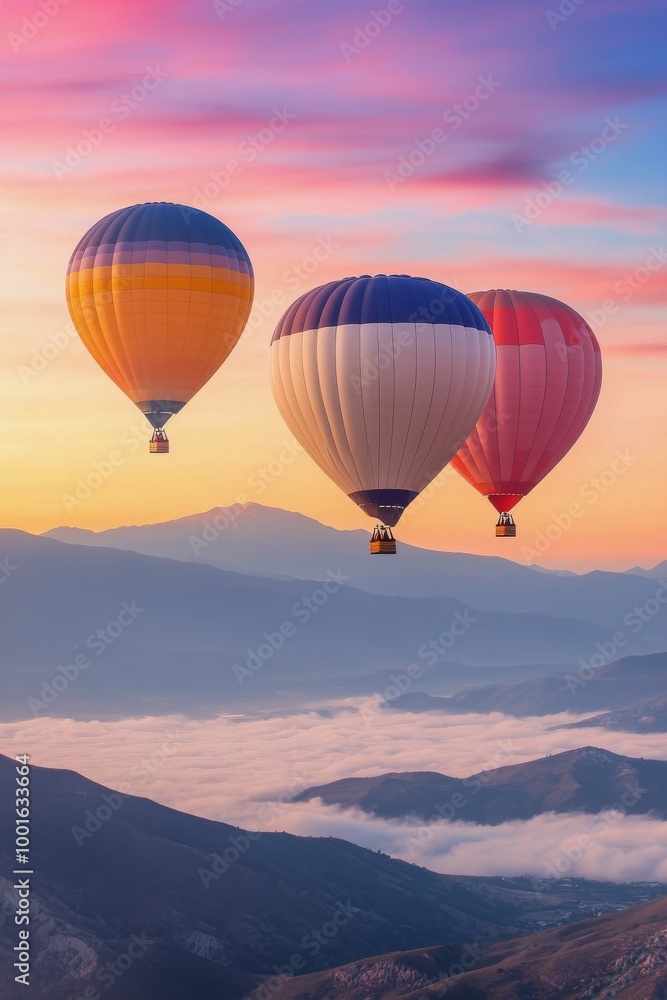 Colorful hot air balloons soaring above misty mountains at sunrise Colorful hot air balloons soaring above misty mountains at sunrise