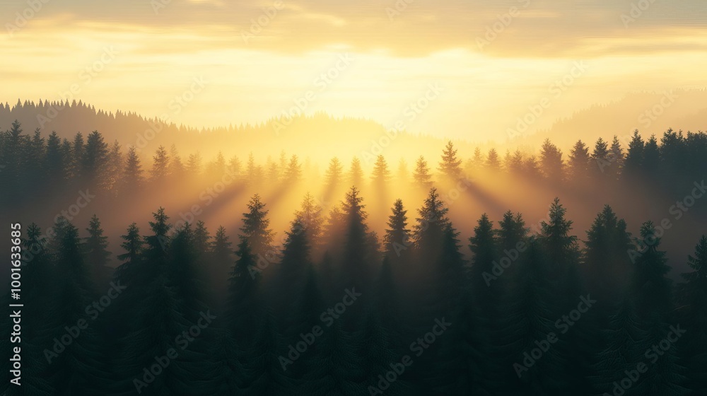 Obraz premium Sunset rays breaking through drifting fog in forest, golden glow, 3D illustration