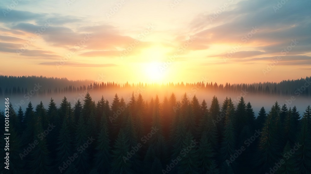 Sunset rays breaking through drifting fog in forest, golden glow, 3D illustration Sunset rays breaking through drifting fog in forest, golden glow, 3D illustration