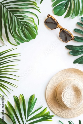 Summer vacation essentials arranged with tropical leaves, sunglasses, and a s...