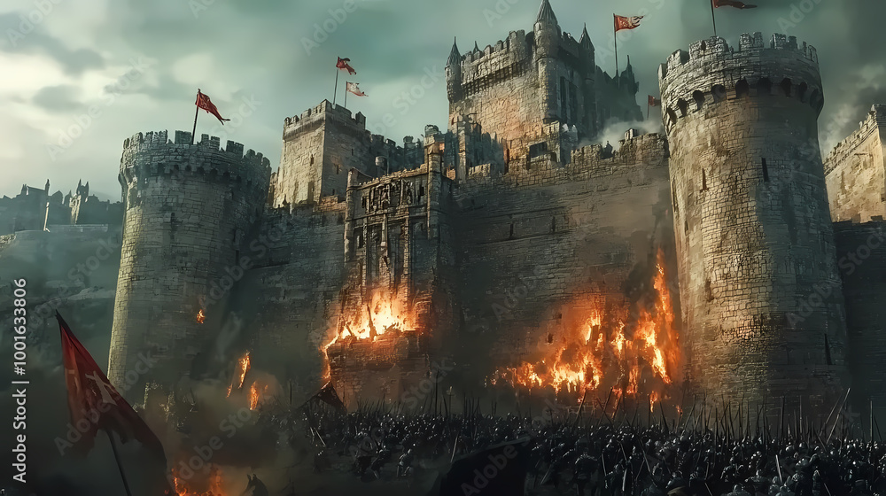 Fototapeta premium Medieval castle under siege by a medieval army. Medieval Castle Siege. Illustration