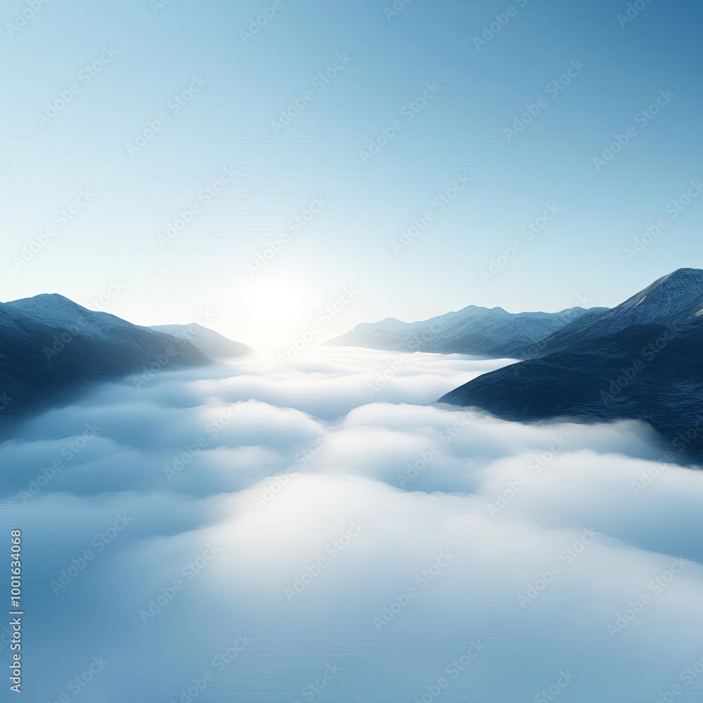 Fototapeta premium Valley covered in drifting fog, morning sunlight breaking through, 3D illustration