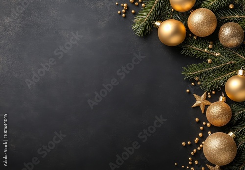 Festive gold ornaments and pine branches arranged elegantly for Christmas cel...