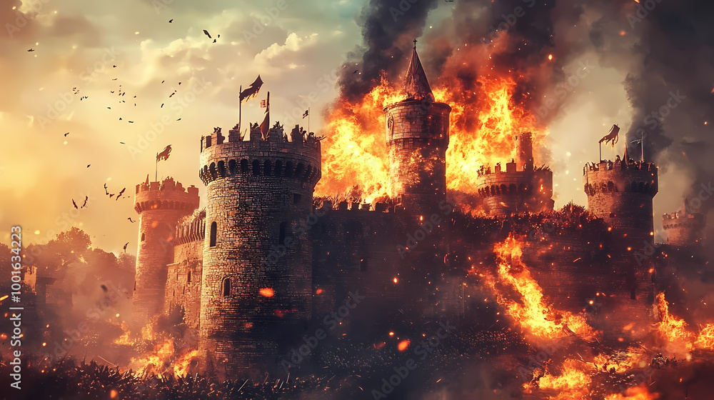 Fototapeta premium Medieval castle under siege, soldiers attack with flaming arrows. Medieval Castle Siege. Illustration