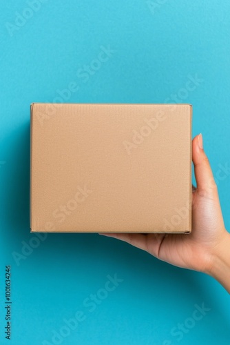 A person holding a plain brown box against a vibrant blue background in a bri...