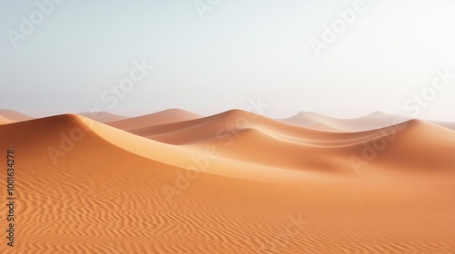 Wind-swept desert dunes with fog drift, otherworldly feel, 3D illustration