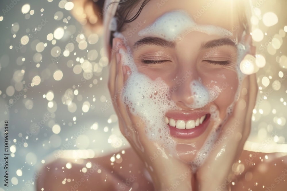Woman Washing Face with Soap and Water - Close Up Portrait Woman Washing Face with Soap and Water - Close Up Portrait