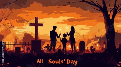 Family members honor loved ones in a cemetery at dusk on All Souls' Day with candles and flowers