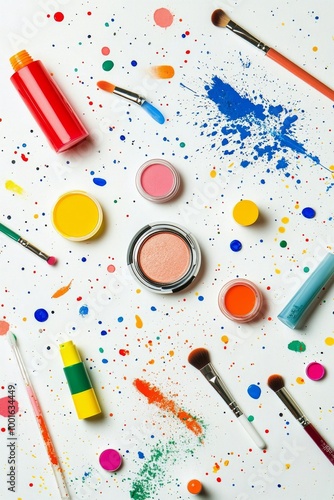 Colorful makeup brushes arranged artistically on a vibrant, splattered backgr...