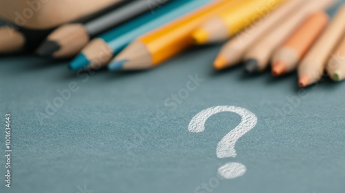 Three colored pencils beside a chalk question mark on a dark surface during d...