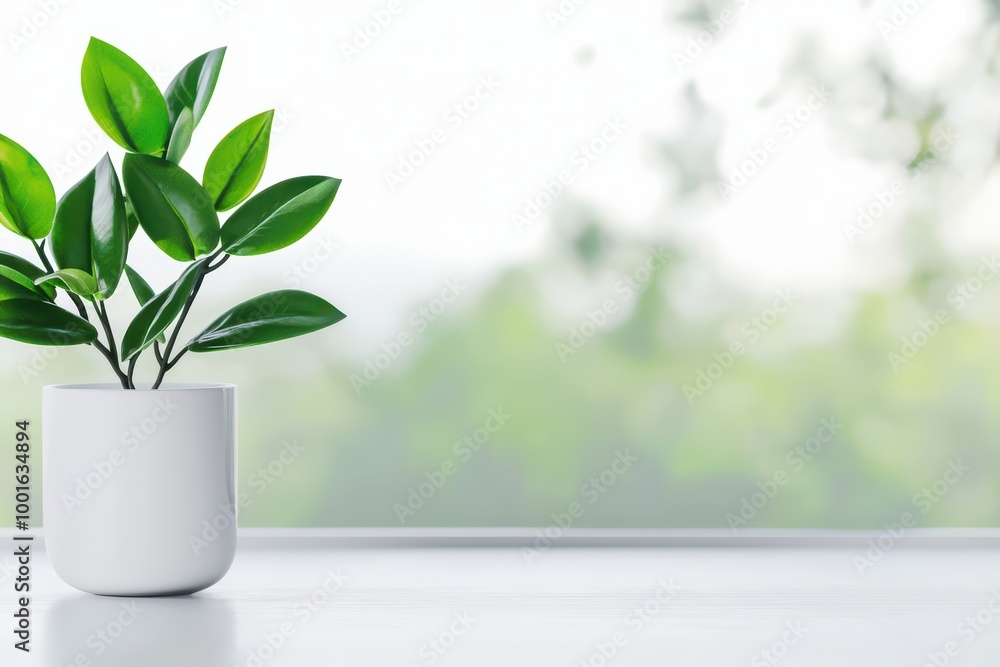 Green plant in white pot on a bright background with soft greenery. Green plant in white pot on a bright background with soft greenery.