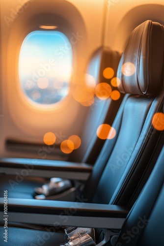 Comfortable airplane seats with a scenic window view during a journey in brig...