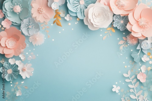 Pastel paper flowers on a light blue background, perfect for decoration!