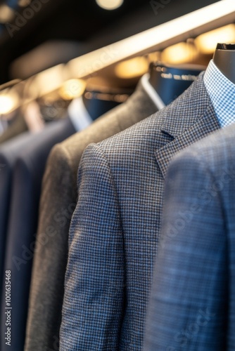 Business suits displayed in a stylish clothing store showcasing elegant fabri...