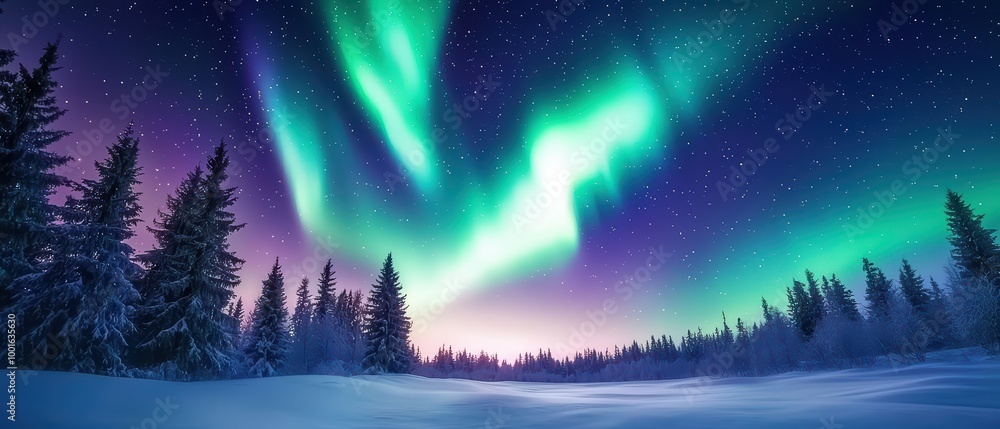 Naklejka premium Mesmerizing auroras illuminate a snowy landscape under a starlit sky.