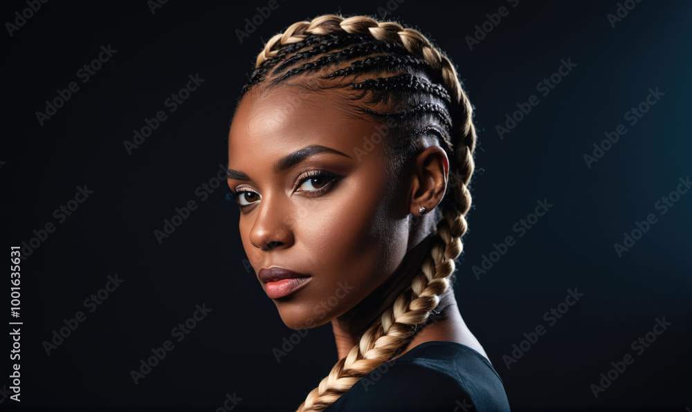 A woman with long braided hair looks directly at the camera A woman with long braided hair looks directly at the camera