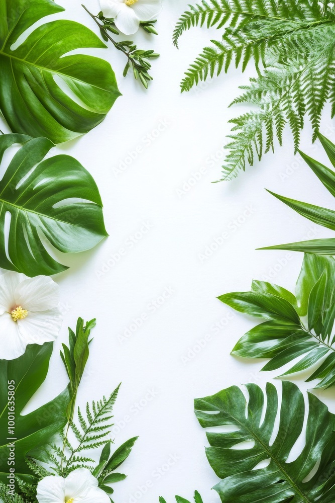 Naklejka premium Natural green leaves and white flowers arranged beautifully on a plain surface