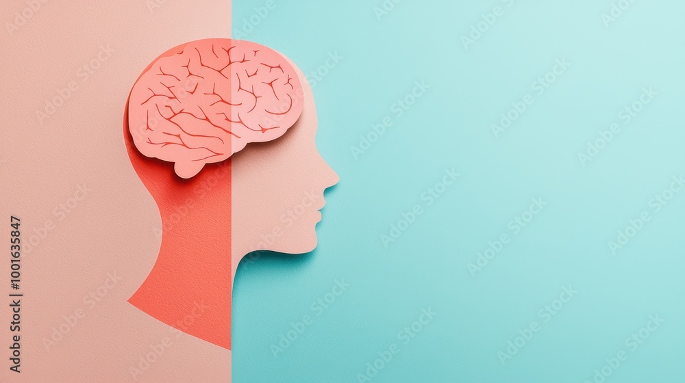 Paper cutout of a human head and brain on a two-tone background. Paper cutout of a human head and brain on a two-tone background.