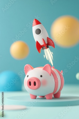 Cute piggy bank launches a rocket in a playful, colorful setting with floatin...