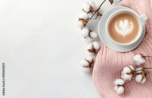 Cozy autumn setup with a pink sweater, coffee, and cotton on a white background