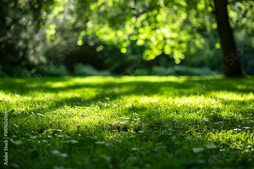 Green grass with sunlight and blurred green foliage in background