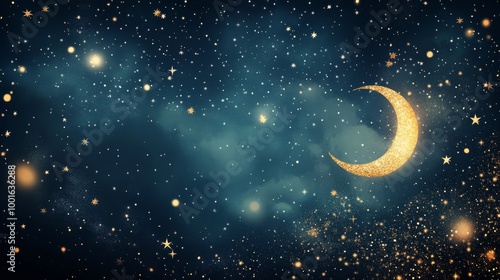 A sparkling crescent moon shines brightly among twinkling stars in a night sk...