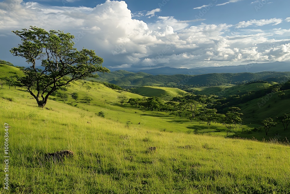 Fototapeta premium Green grassy valley landscape with a tree and clouds in the sky
