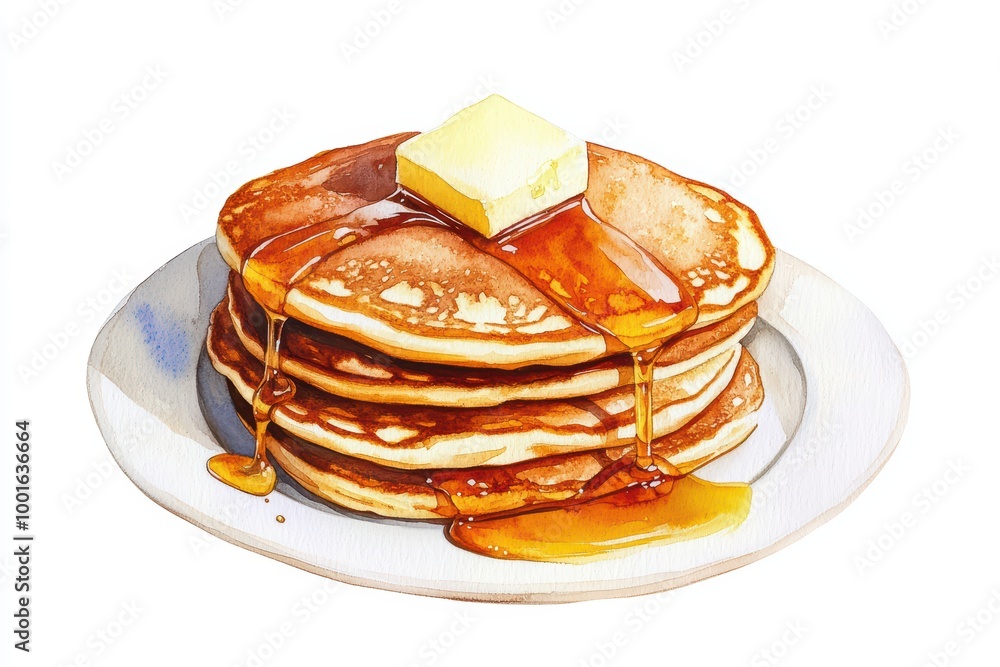 Stack of pancakes drizzled with syrup and topped with a pat of butter. Stack of pancakes drizzled with syrup and topped with a pat of butter.