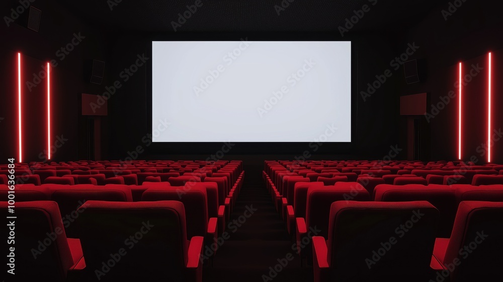Empty cinema hall with red seats and blank screen Empty cinema hall with red seats and blank screen
