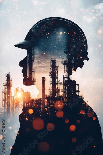 A silhouette of a woman in a hard hat with an industrial skyline illuminated ...